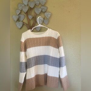 Striped Cable Knit Sweater - Tan, White, Gray by Lands End